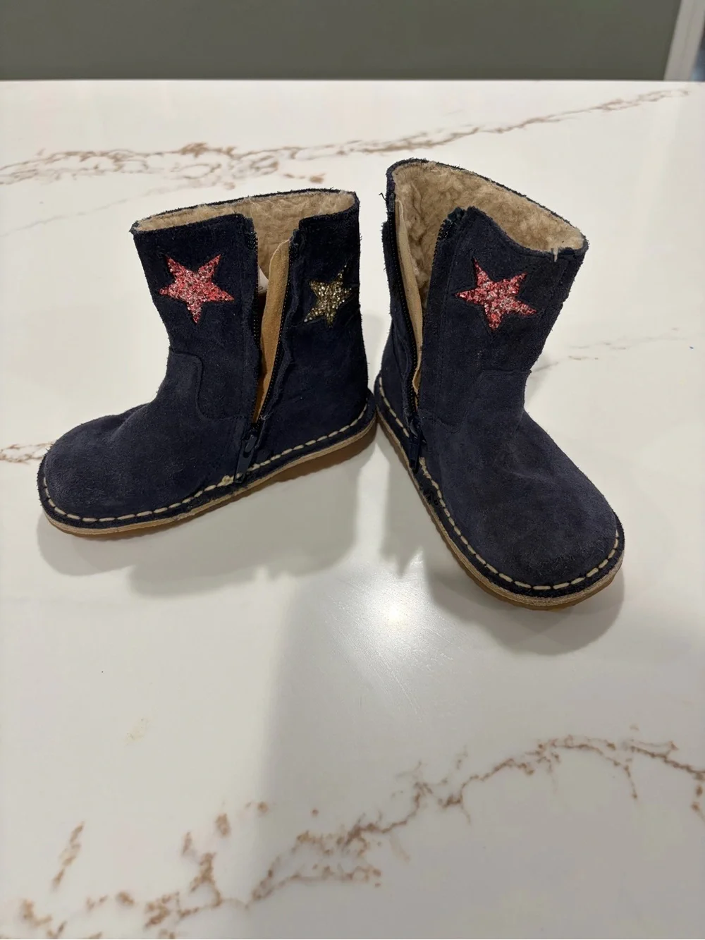 Mini Boden Navy Suede Kids Boots with Glitter Star Accents, US 8